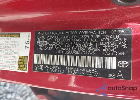 2008 Toyota Prius from USA, damaged, VIN JTDKB20UX83401745